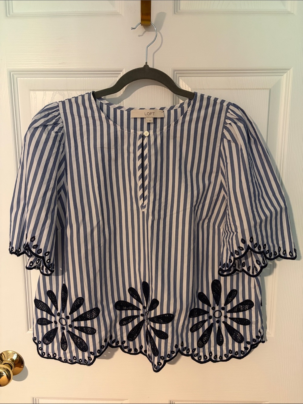 LOFT Blue and White Striped Embroidered Peplum Blouse